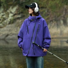 連帽防水防風情侶款外套 - 戶外春秋季薄款運動夾克 寬鬆長版運動夾克, L码 建议体重（60-70公斤）, 紫色
