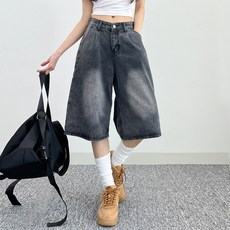 소유진 여성용 버뮤다 와이드 핀턱 허리 조절 버튼 데님 반바지 2color