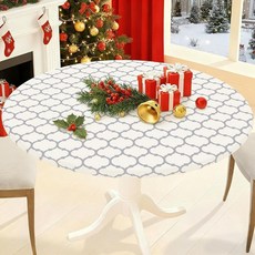 Smiry 원형 피크닉 식탁보 방수 탄성 장착 테이블 커버 144.8~172.7cm(57~68인치) 테이블용 닦을 수 있는 플란넬 뒷면 비닐 식탁보 캠핑 실내 실외용, 베이지 & 화이트