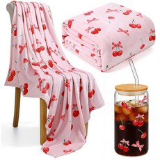 핑크 체리 보우 파티 선물 유리 컵과 담요 세트 포함 핑크 리본 레드 체리 처녀 파티 장식 코케트 프레피 물건 여성용 청소년 생일 선물 여성용 발렌타인 데이 선물