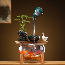 創意桌面循環流水擺件 玻璃魚缸造景 客廳辦公室佈置 開業生財好禮, 名喚-懸葫蘆流水魚缸(墨綠)
