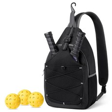 SPOENGRU Pickleball 패들 백 - 펜스 후크 및 물병 홀더가 있는 조절 가능한 소형 슬링 백, 블랙 슬링 백팩
