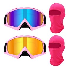 Cuffbow 2팩 오토바이 고글 방한모 페이스 마스크 포함 더트 바이크 모토크로스 ATV 라이딩 레이싱 스키 안경 남성 여성 청소년용 (핑크), Cuffbow 2팩 오토바이 고글, 방한모 페이스 마스, 핑크