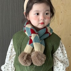 秋冬兒童復古菱形格毛球針織圍巾脖套，加厚保暖脖圍
