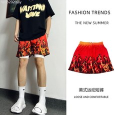 潮牌美式休閒不過膝運動短褲男生夏季新款火焰寬鬆四分訓練籃球褲