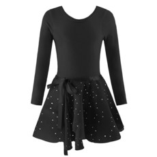 EQSJIU 여아용 발레 레오타드 탈착식 스커트 콤보 타이 러플 슬리브 의상 긴소매 블랙