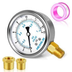 MEANLIN MEASURE 0~4000Psi 스테인리스 스틸 0.6cm(1/4인치) NPT 6.4cm(2.5인치) 페이스 다이얼 액체 충전 압력 게이지 WOG 워터 오일 에어, 0-15Psi, 하단 마운트