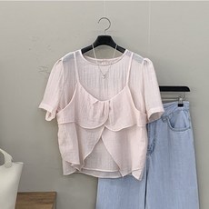 [행복여] 에그 셔링 트임 뷔스티에 세트 반팔 블라우스