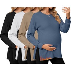 Ficerd 4팩 여성용 캐주얼 임산부 티셔츠 긴소매 크루넥 스플릿 사이드 티셔츠 루즈 핏 임산부 의류 블랙 화이트 라이트 그레이 커피 M, 헤이즈 블루, 카키, 화이트, 블랙