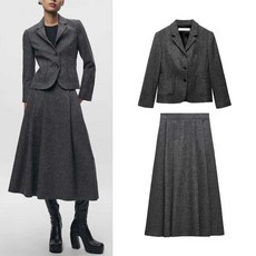 크롭 자켓 세트 더블버튼 치마 벨트 와이드 슈트 바지