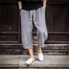夏季男款棉麻七分褲 透氣純色系帶褲子, 1個, 灰色2XL建議150-170斤