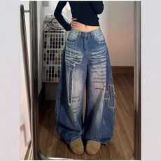 해피유통 여성용 개성 넘치는 넓은 다리 청바지 패션 프린팅 스터드 장식 봄 가을