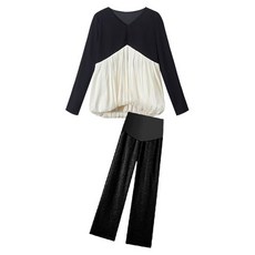 임산부 봄 가을 바지 세트 브이넥 긴팔 블라우스 + 와이드 팬츠 세트 캐주얼 스타일 YLP