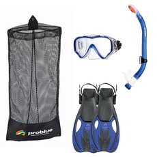 Problue 兒童浮潛三寶 - 浮潛面鏡 呼吸管 蛙鞋 - 青少年浮潛套裝, 【全乾式套裝】藍色