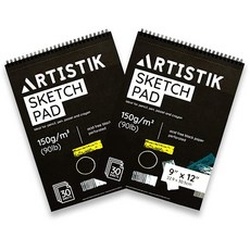 Artistik 블랙 페이퍼 스케치 패드 - 30.5 x 22.9cm(12 9인치) (2팩) 30장 (90파운드/150gsm) 모든 건조 매체 흑연 및 색연필용 천공 페이지가
