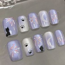 可愛貓咪與煙火圖案穿戴式美甲貼片，可拆卸，貓眼效果, 1個, M （手大的選擇）,浪漫喵（帶美甲套裝）