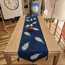 手工扎染桌旗 純棉流蘇桌旗 居家餐桌裝飾 文青質感, 1個, 40 x 200cm, 藍色 羽舞