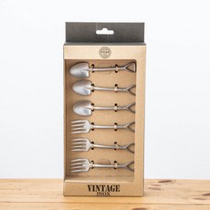 日本AOYOSHI青芳製作所 仿舊不鏽鋼CAMP餐具組A3《WUZ屋子》戶外露營餐具組，輕巧便攜，不鏽鋼材質，堅固耐用，復古風格設計, 1個, 仿舊, 鏟形餐叉S x3、鏟形餐匙S x3