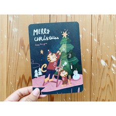 簡v的畫盒 虎虎佈置聖誕樹聖誕明信片 (2入) 聖誕節慶祝福送禮, 1個