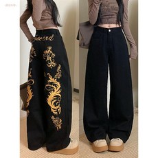 重工燙金印花黑色牛仔褲 朋克亞文化拖地褲, 黑色,S