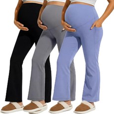 쿠메 3팩 머티리얼 플레어 레깅스 드레시한 임산부 바지 오버 더 벨리 워크 임부 스웨트 팬츠 포켓 포함