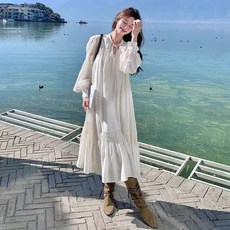 봄 가을 화이트 원피스 프릴 브이넥 루즈핏 퍼프 긴팔 롱