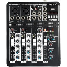 Kaschun 가라오케 및 팟캐스트용 프로페셔널 4채널 DJ 오디오 믹서 USB MP3 입력 블루투스 믹싱 콘솔 라이브 스트리밍 홈 레코딩용 48V 팬텀 파워 리버브 효과(, T4