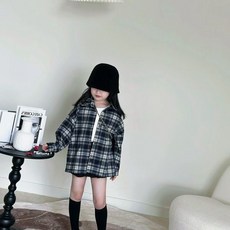 韓系復古中小童藍黑格子長袖襯衫