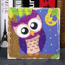 木製拼圖玩具 16片 寶寶拼圖 卡通動物交通工具 創意早教學習教具, 1個, 貓頭鷹丨16片寶寶早教拼圖