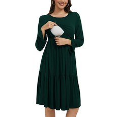 Smallshow 여성용 임산부 수유 드레스 긴소매 러플 모유 수유복 네이비 M 186025, M, 딥 그린