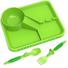 Dinneractive 아동용 다이닝 세트 - 옐로우 소방관 식기 3피스 - 소방차 식기 - 유아용 접시 - 아기 접시, 디노