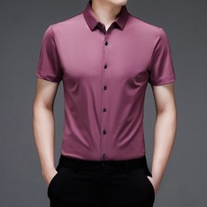 남성 반팔 셔츠 여름 아이스 실크 무다리미 라펠 무흔적 반팔 셔츠