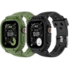 손목시계 2개 세트 견고한 케이스 밴드 애플워치 남성용 44mm 45mm 49mm 충격 방지 범퍼 커버 아이워치 스트랩 울트라 321 및 SE 시리즈 987654, Black + Army Green