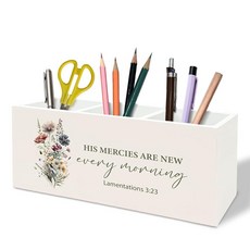 TFKFJLF 영감을 주는 기독교 야생화 펜 연필 홀더 여성을 위한 기독교 선물 성경 구절 메이크업 브러시 펜 홀더 나무 정리함 가정 기숙사 사무실 책상 액세서리, Mercies