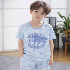 행복한쇼핑몰 남아용 무형광 린넨 쿨드라이 블루 공룡 상하의 반팔 세트