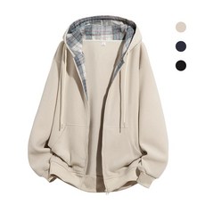 에쥬아 간절기 후드 집업 체크무늬 배색 빈티지 뽀글이 자켓