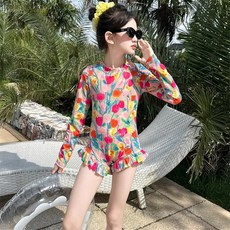 紫系鬱金香兒童連體泳衣 女童長袖荷葉邊防曬游泳裝