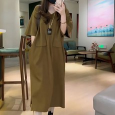 100까지 빅사이즈 여성원피스 30대 50대 여름용 얇은 브이넥 반팔 티셔츠 원피스 루즈핏 캐주얼 편안한 롱 스커트