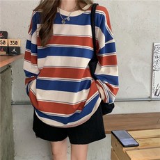 條紋長袖大學T 韓國寬鬆女裝上衣