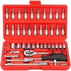 鉻釩鋼 45件套筒工具組 二分套筒組 機車工具組 棘輪扳手 起子頭 六角凸頭 修車工具, 1個, 長短套筒、各式起子頭、棘輪板手