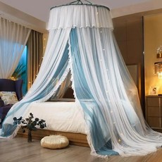 공주 스타일 침대 캐노피 천장형 특대형 바닥까지 닿는 침실 커튼 걸이형 원형 돔 모기장, B. 이중 거즈 - 플라워 패턴 - 블루 & 화이트 -