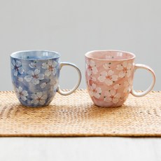 手繪櫻花馬克杯 日式陶瓷咖啡杯 情侶對杯禮物 粉藍兩色可選, 1個, 一對