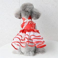 【格森】宮廷新年唐裝裙子小狗狗衣服 泰迪比熊寵物貓咪過年喜慶旗袍裙子, 紅梅紅邊紗裙,L, 1個