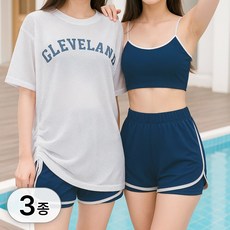 바닐라마카롱 쓰리피스 루즈핏 빅사이즈 메쉬 반팔 + 배색 나시 상의 + 밴딩 이중 반바지 수영복 3종 세트 몸매 체형 보정 비키니 여름 여성 비치웨어 패드 포함