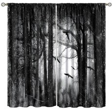FAOTELY 고딕 숲 커튼 으스스한 할로윈 그런지 블랙 앤 화이트 추상 질감 로드 포켓 암막 창문 드레이프 침실 거실 주방 카페 장식용 너비 53.3 x 길이 114.4cm(