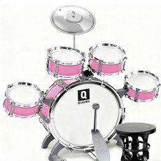 QIAOWA兒童爵士鼓玩具 0-4歲寶寶音樂啟蒙玩具 迷你仿真鼓 附鼓槌座椅, 兒童架子鼓爵士鼓粉色大號5鼓帶地通鼓（標配+凳子+禮品）, 1個, 1個