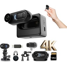4K 미니 카메라 128GB 엄지손가락 크기 액션 캠 착용 가능한 스포츠 핸즈프리 POV 녹화 헬멧 마운트 자석 DV 자전거 타기 브이로그 애완동물 산책 수영, 4K 안정기, DayDateUp 검정