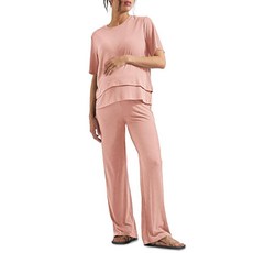 [ 1078119 ] Tankaneo 여성용 산후 임산부 파자마 투피스 세트 리브 반소매 수유 상의 및 신축성 있는 허리 팬츠 라운지웨어 핑크 XL