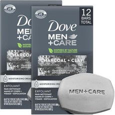 Dove Men+Care 바디 + 페이스 바 2팩 (바 12개) - 각질 제거 3-in-1 숯 비누 피부 관리 손 및 면도용 클레이 포함 각 106.3g(3.7온스)