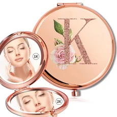 돋보기 메이크업 라운드 거울 양면 금속 화장품 휴대용 모양 유리 소형 휴대용 거울 로즈 골드 문자 패턴, K